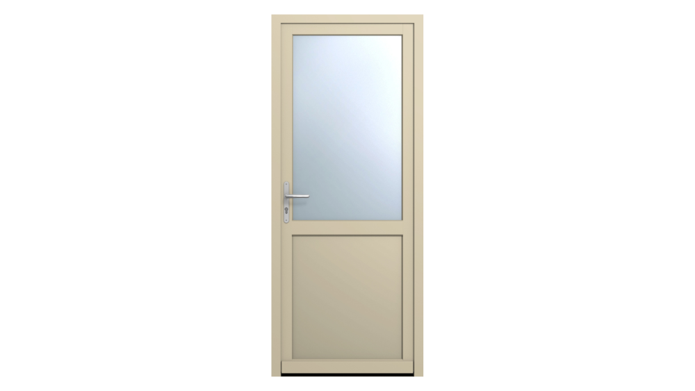 Porte d'entrée bois CLASSIQUE 1 Porte d'entrée beige avec grand partie vitrée depuis le haut